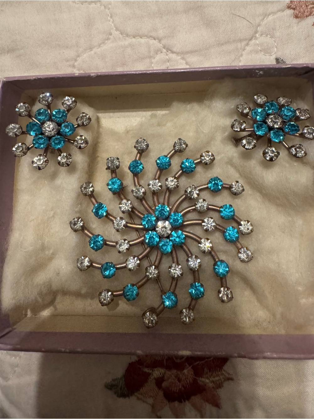 Sterling Silver Coro Blue and Clear Crystal Floral Brooch and Earrings Set